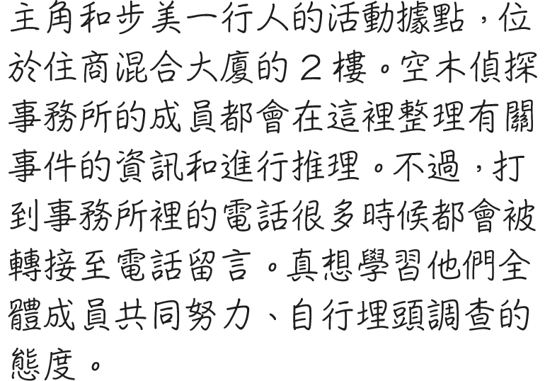 主人公やあゆみたちの活動拠点。雑居ビルの２階に位置している。ここで、空木探偵事務所の面々は事件に関する情報の整理、推理を行っている模様。しかし、事務所に電話をかけても大体留守なことが多い。全員で協力して自らの足でコツコツ調査をするその姿勢は、見習いたい。